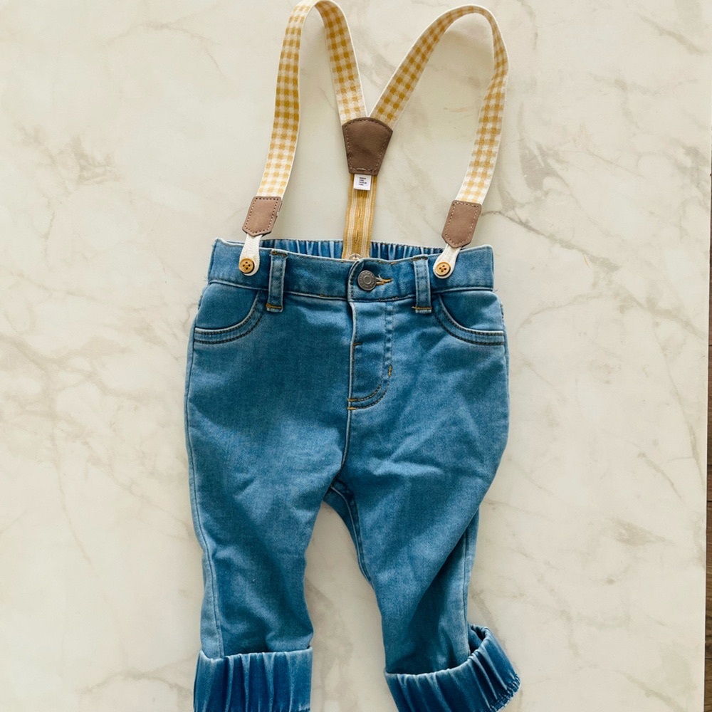 Cat and Jack Jeans and Suspender Set Size 6-9 Months in Mid Blue Orange Gingham
